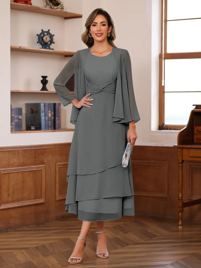 Princess A-Line 2-Piece Tea-Length Mother of the Bride Dress with Scoop Neck Ruffles & Jacket-BMbridal
