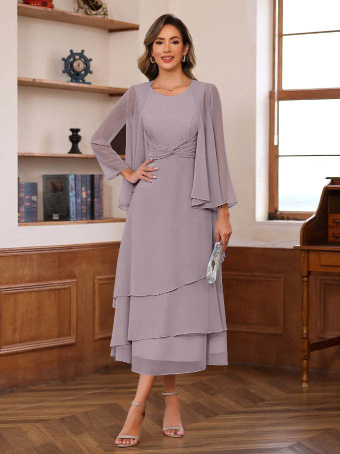 Princess A-Line 2-Piece Tea-Length Mother of the Bride Dress with Scoop Neck Ruffles & Jacket-BMbridal