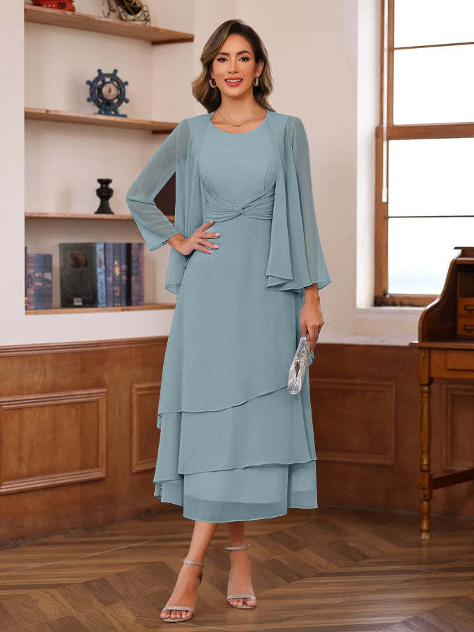 Princess A-Line 2-Piece Tea-Length Mother of the Bride Dress with Scoop Neck Ruffles & Jacket-BMbridal
