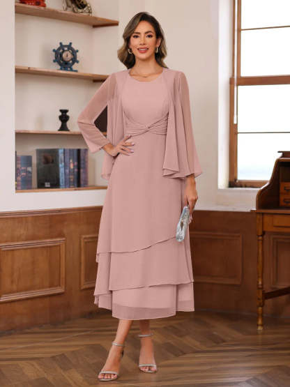 Princess A-Line 2-Piece Tea-Length Mother of the Bride Dress with Scoop Neck Ruffles & Jacket-BMbridal