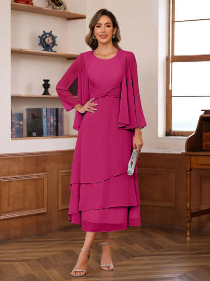 Princess A-Line 2-Piece Tea-Length Mother of the Bride Dress with Scoop Neck Ruffles & Jacket-BMbridal