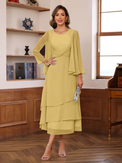 Princess A-Line 2-Piece Tea-Length Mother of the Bride Dress with Scoop Neck Ruffles & Jacket-BMbridal