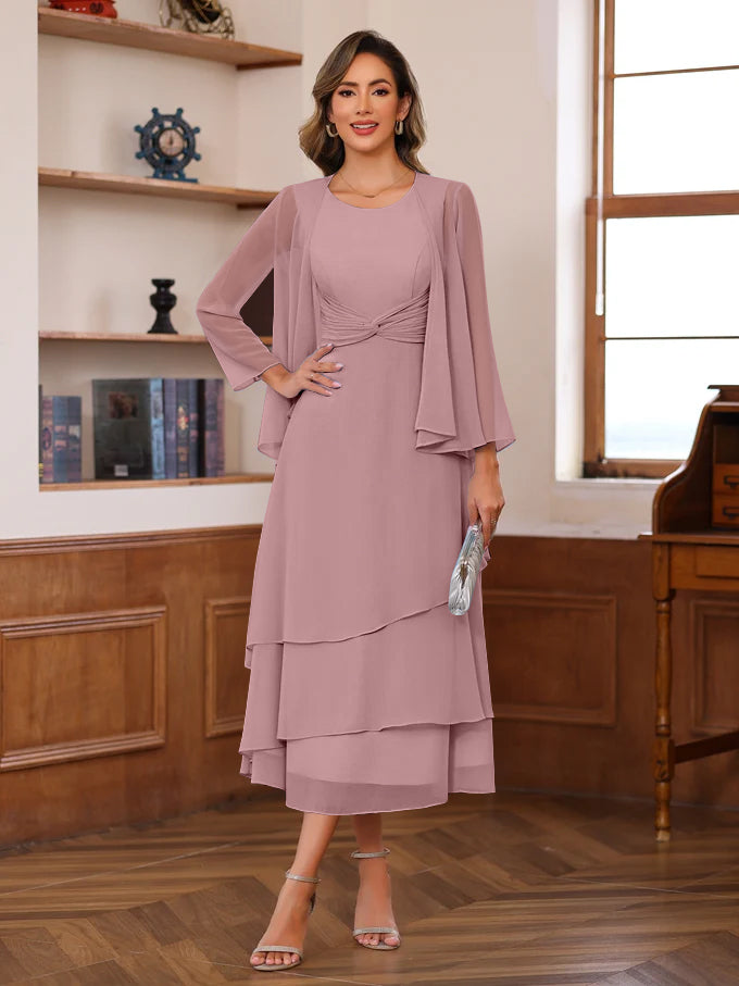 Princess A-Line 2-Piece Tea-Length Mother of the Bride Dress with Scoop Neck Ruffles & Jacket-BMbridal