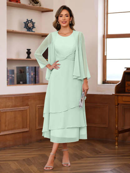 Princess A-Line 2-Piece Tea-Length Mother of the Bride Dress with Scoop Neck Ruffles & Jacket-BMbridal