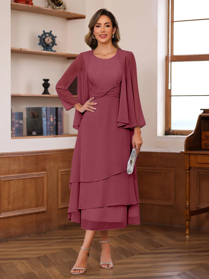 Princess A-Line 2-Piece Tea-Length Mother of the Bride Dress with Scoop Neck Ruffles & Jacket-BMbridal