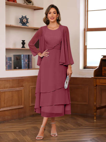 Princess A-Line 2-Piece Tea-Length Mother of the Bride Dress with Scoop Neck Ruffles & Jacket-BMbridal