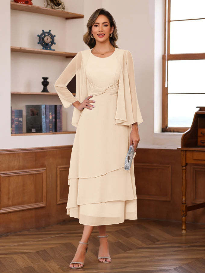 Princess A-Line 2-Piece Tea-Length Mother of the Bride Dress with Scoop Neck Ruffles & Jacket-BMbridal