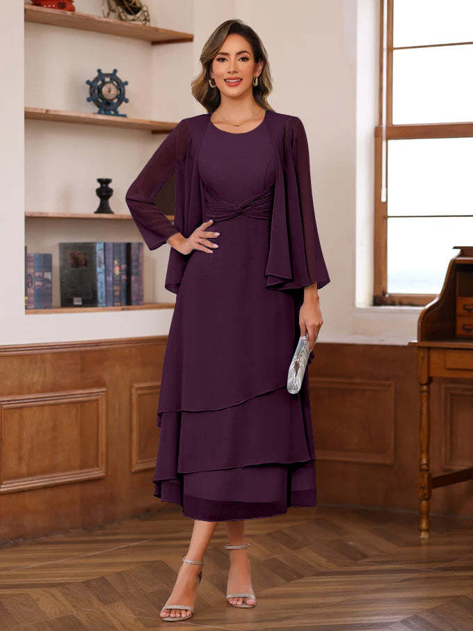 Princess A-Line 2-Piece Tea-Length Mother of the Bride Dress with Scoop Neck Ruffles & Jacket-BMbridal