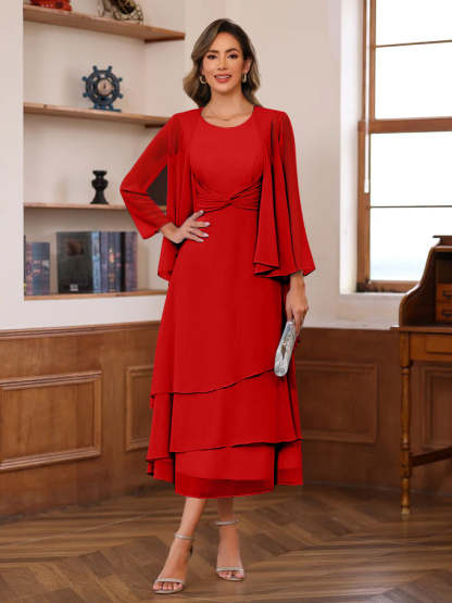 Princess A-Line 2-Piece Tea-Length Mother of the Bride Dress with Scoop Neck Ruffles & Jacket-BMbridal