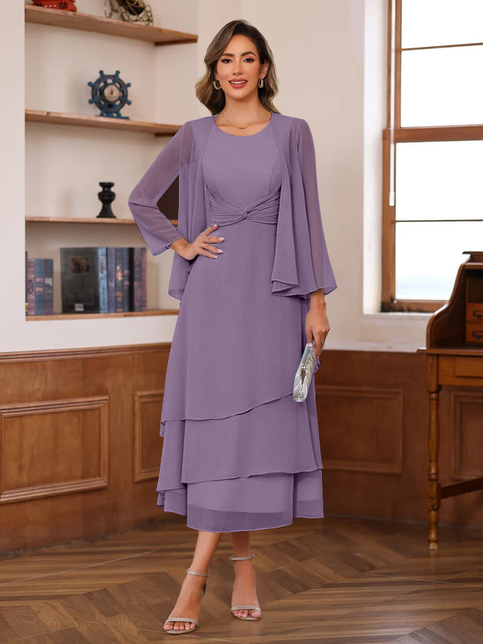 Princess A-Line 2-Piece Tea-Length Mother of the Bride Dress with Scoop Neck Ruffles & Jacket-BMbridal
