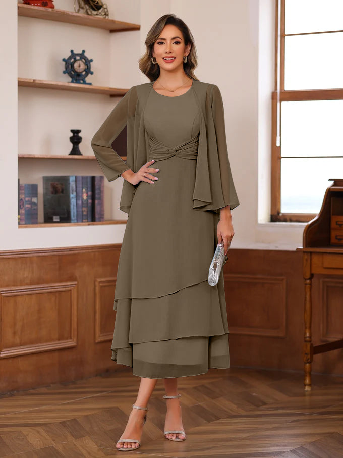 Princess A-Line 2-Piece Tea-Length Mother of the Bride Dress with Scoop Neck Ruffles & Jacket-BMbridal
