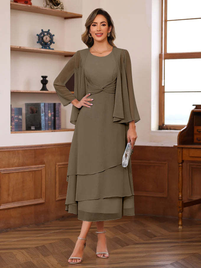 Princess A-Line 2-Piece Tea-Length Mother of the Bride Dress with Scoop Neck Ruffles & Jacket-BMbridal