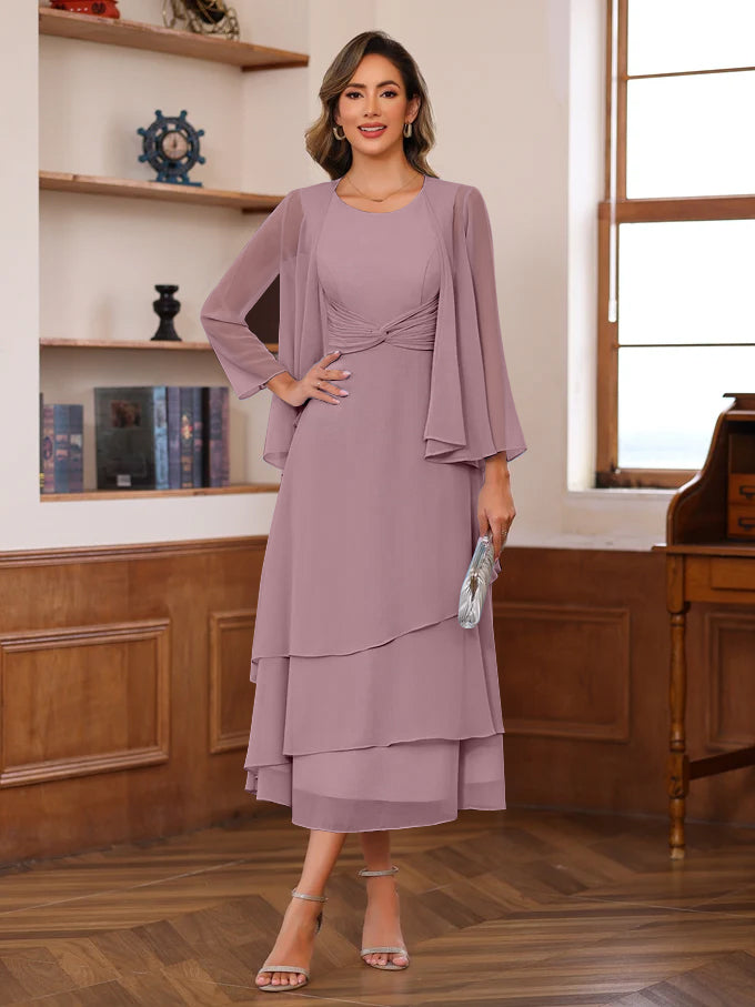 Princess A-Line 2-Piece Tea-Length Mother of the Bride Dress with Scoop Neck Ruffles & Jacket-BMbridal