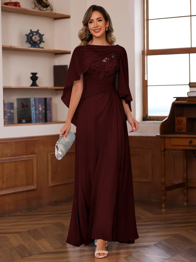 V-Neck A-Line Princess Floor-Length Mother of the Bride Dress with Appliques Ruffles & Wrap in 2 Pics-BMbridal