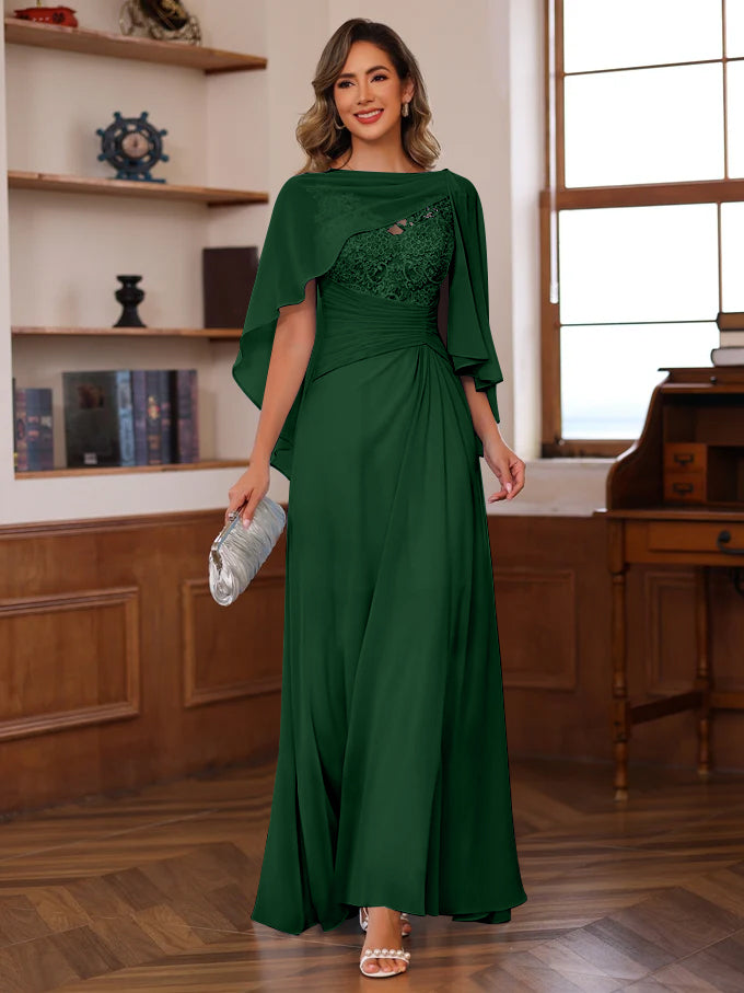 V-Neck A-Line Princess Floor-Length Mother of the Bride Dress with Appliques Ruffles & Wrap in 2 Pics-BMbridal