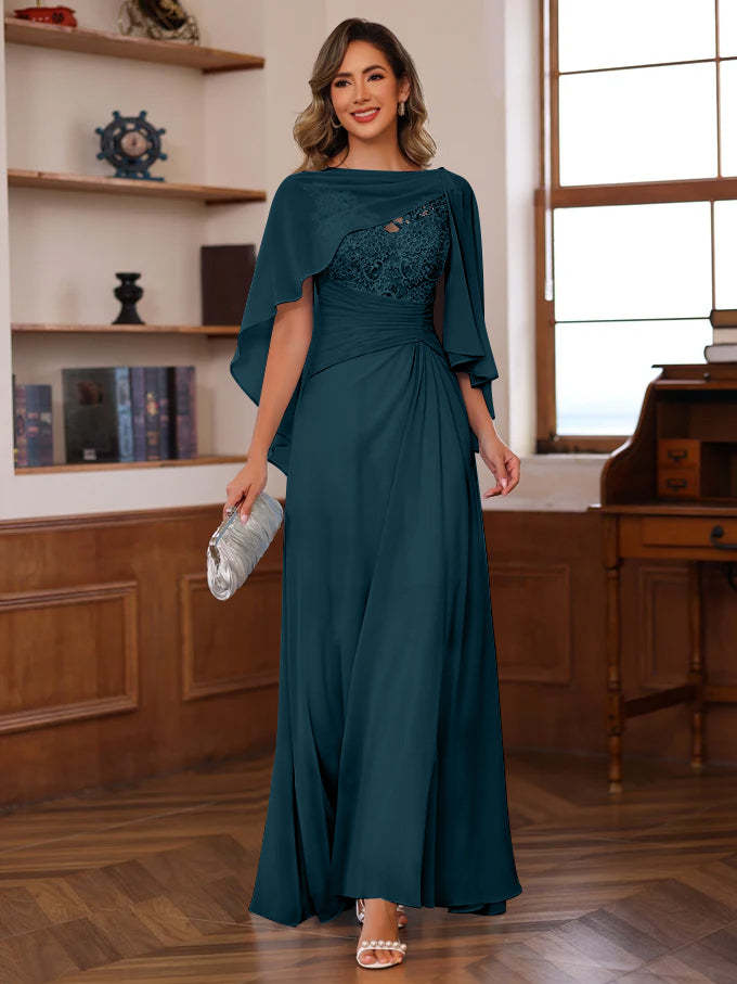 V-Neck A-Line Princess Floor-Length Mother of the Bride Dress with Appliques Ruffles & Wrap in 2 Pics-BMbridal