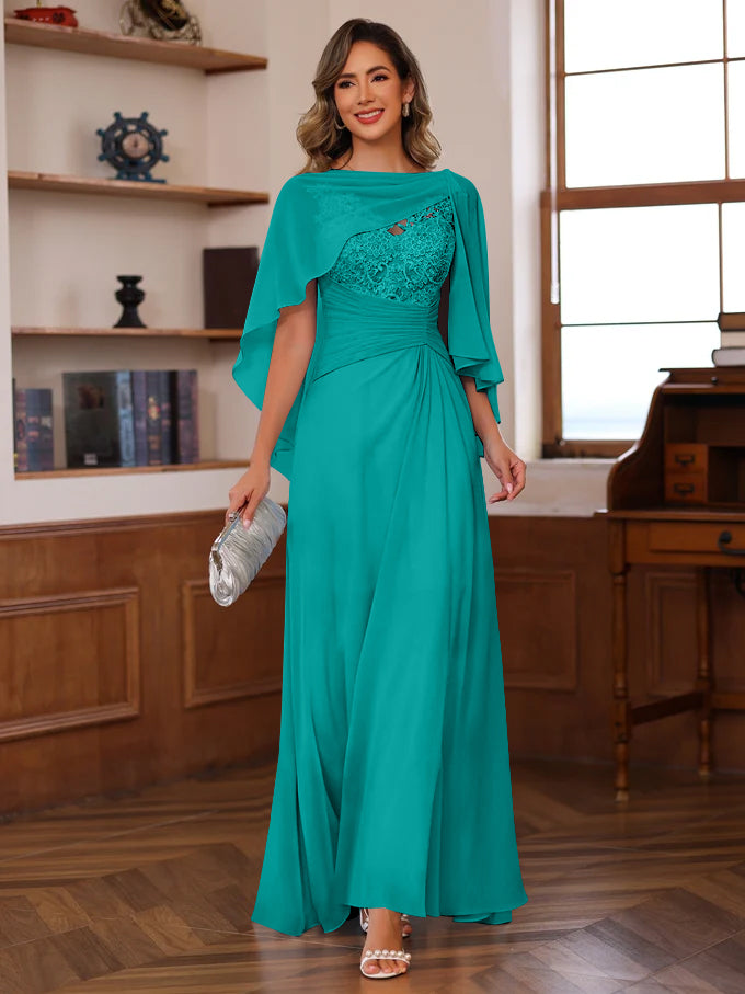 V-Neck A-Line Princess Floor-Length Mother of the Bride Dress with Appliques Ruffles & Wrap in 2 Pics-BMbridal