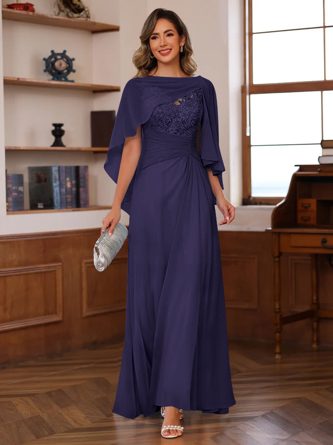 V-Neck A-Line Princess Floor-Length Mother of the Bride Dress with Appliques Ruffles & Wrap in 2 Pics-BMbridal