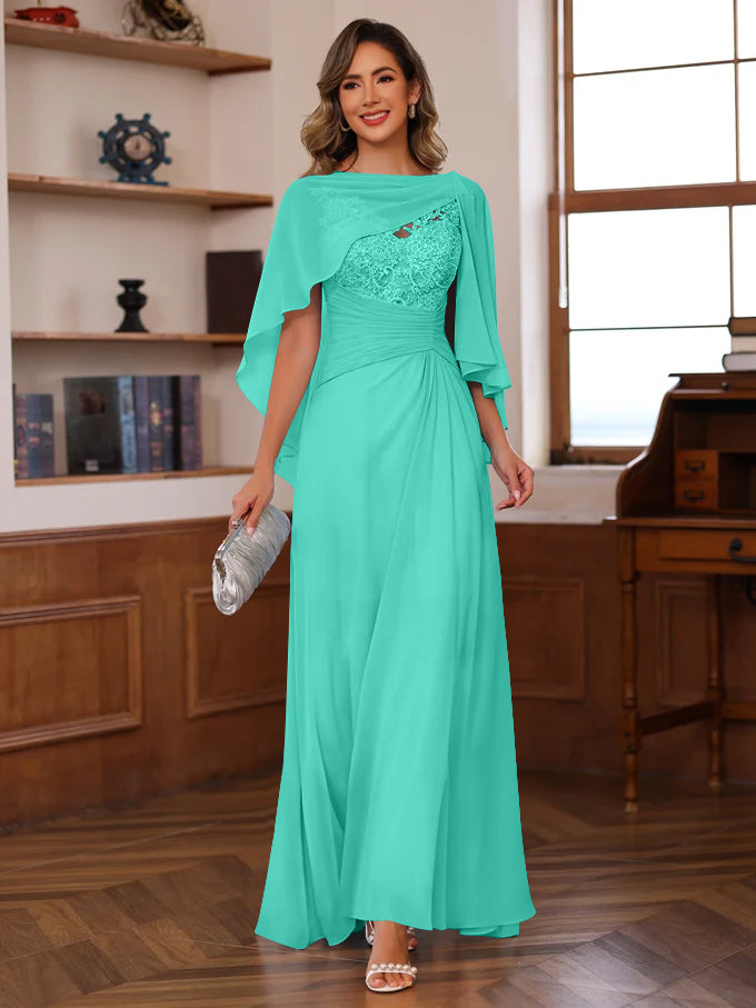 V-Neck A-Line Princess Floor-Length Mother of the Bride Dress with Appliques Ruffles & Wrap in 2 Pics-BMbridal