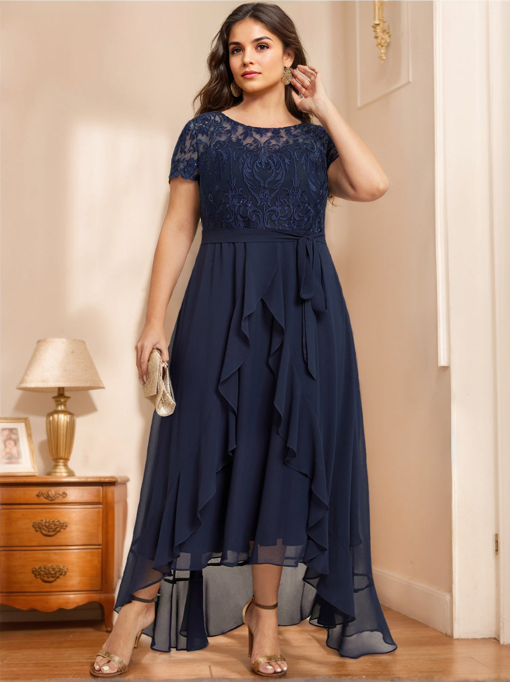 Unique Plus Size Mother of the Bride A-Line Dress with Scoop Neck Short Sleeves Bow Ruffles & Sequins-BMbridal