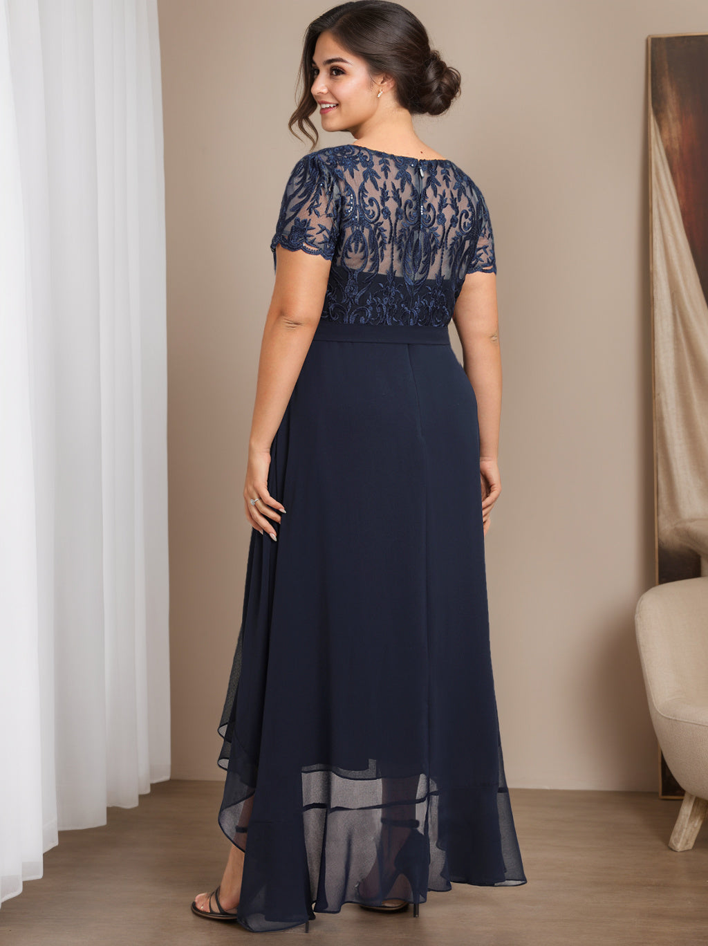 Unique Plus Size Mother of the Bride A-Line Dress with Scoop Neck Short Sleeves Bow Ruffles & Sequins-BMbridal