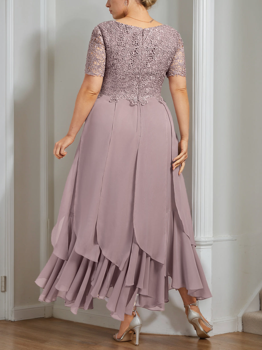 Plus Size Mother of the Bride A-Line Dress with Round Neck Short Sleeves and Cascading Ruffles-BMbridal