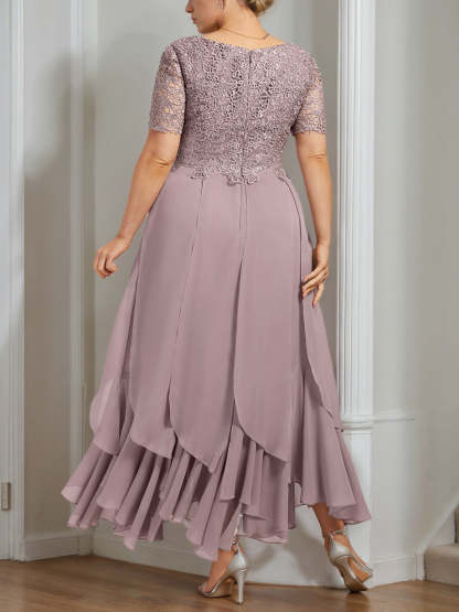 Plus Size Mother of the Bride A-Line Dress with Round Neck Short Sleeves and Cascading Ruffles-BMbridal