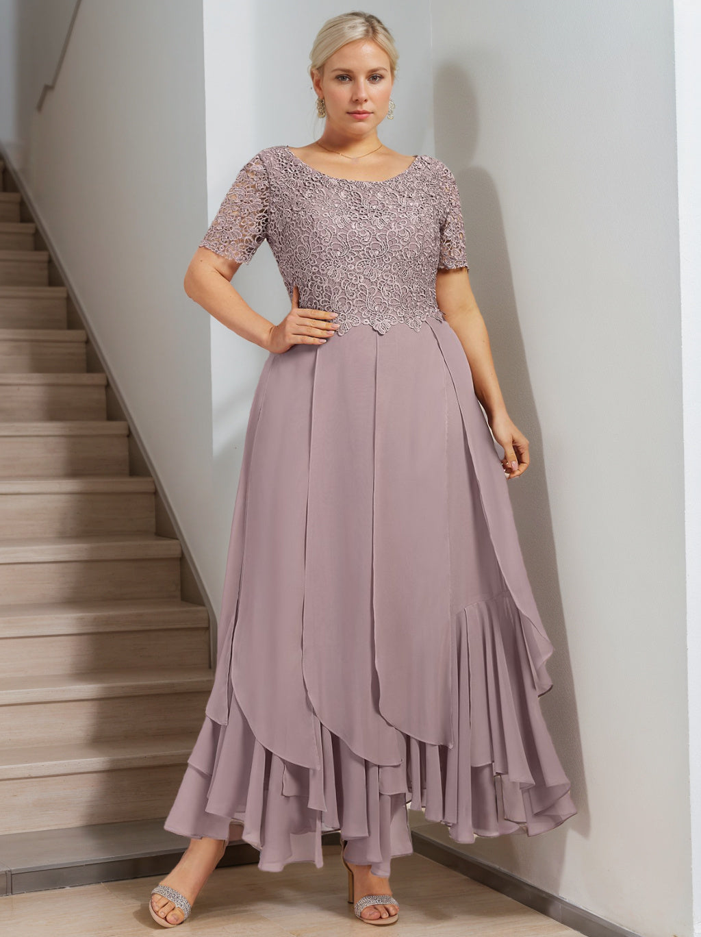 Plus Size Mother of the Bride A-Line Dress with Round Neck Short Sleeves and Cascading Ruffles-BMbridal