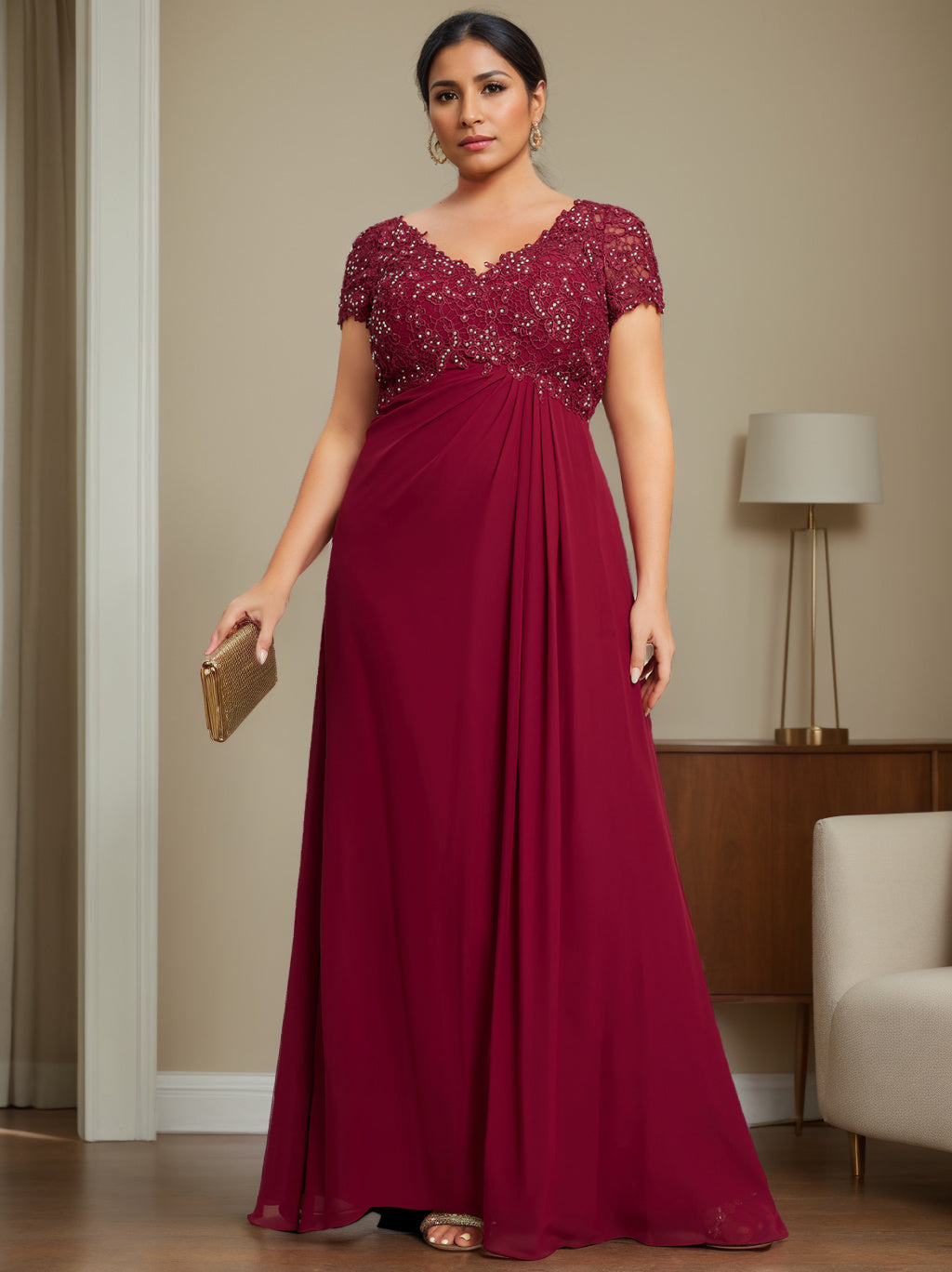 Plus Size V-Neck A-Line Princess Floor-Length Mother of the Bride Dress with Rhinestone and Pleated Details-BMbridal