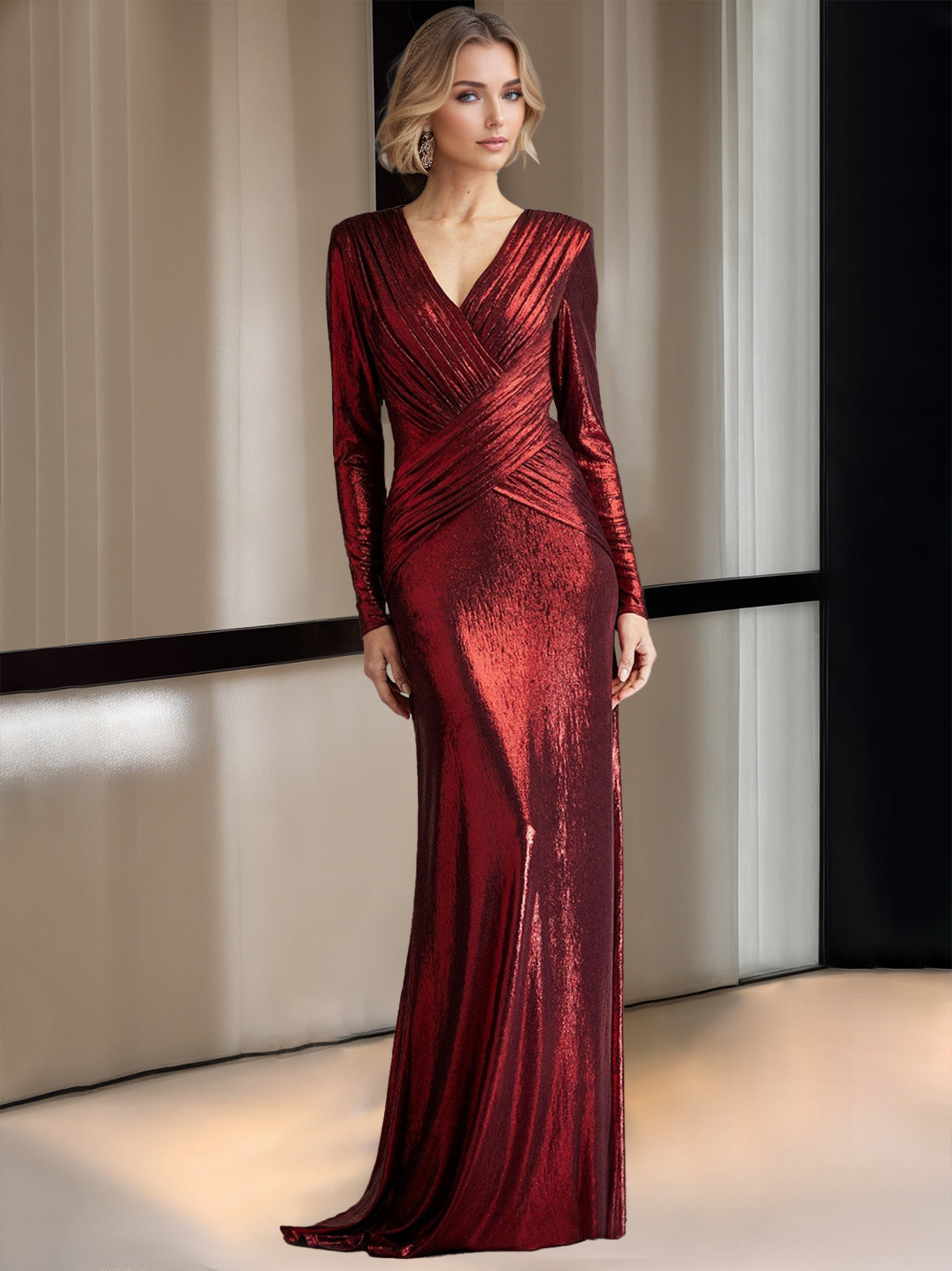 Floor-Length Deep V-Neck Sheath Dress with Crisscross Pleated Long Sleeves for the Mother of the Bride-BMbridal