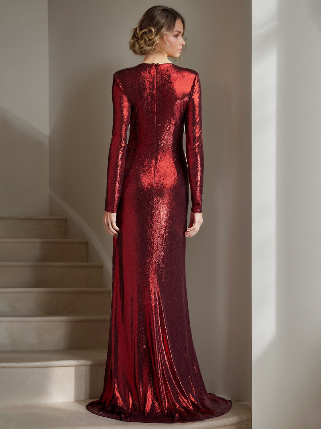 Floor-Length Deep V-Neck Sheath Dress with Crisscross Pleated Long Sleeves for the Mother of the Bride-BMbridal