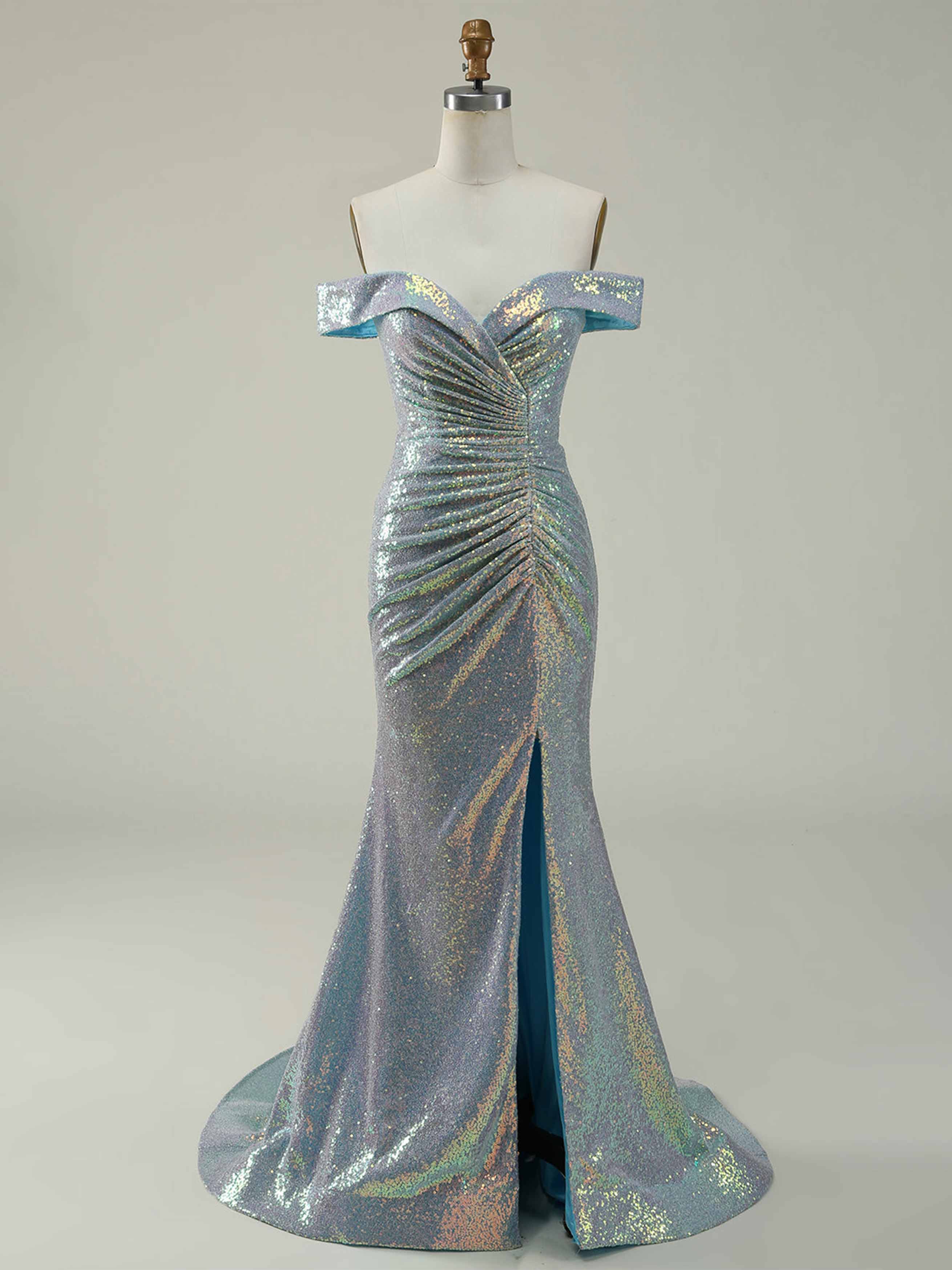 Off-the-Shoulder Sleeveless Mermaid/Trumpet Floor-Length Gown with Side Split Sequins and Ruffles-BMbridal