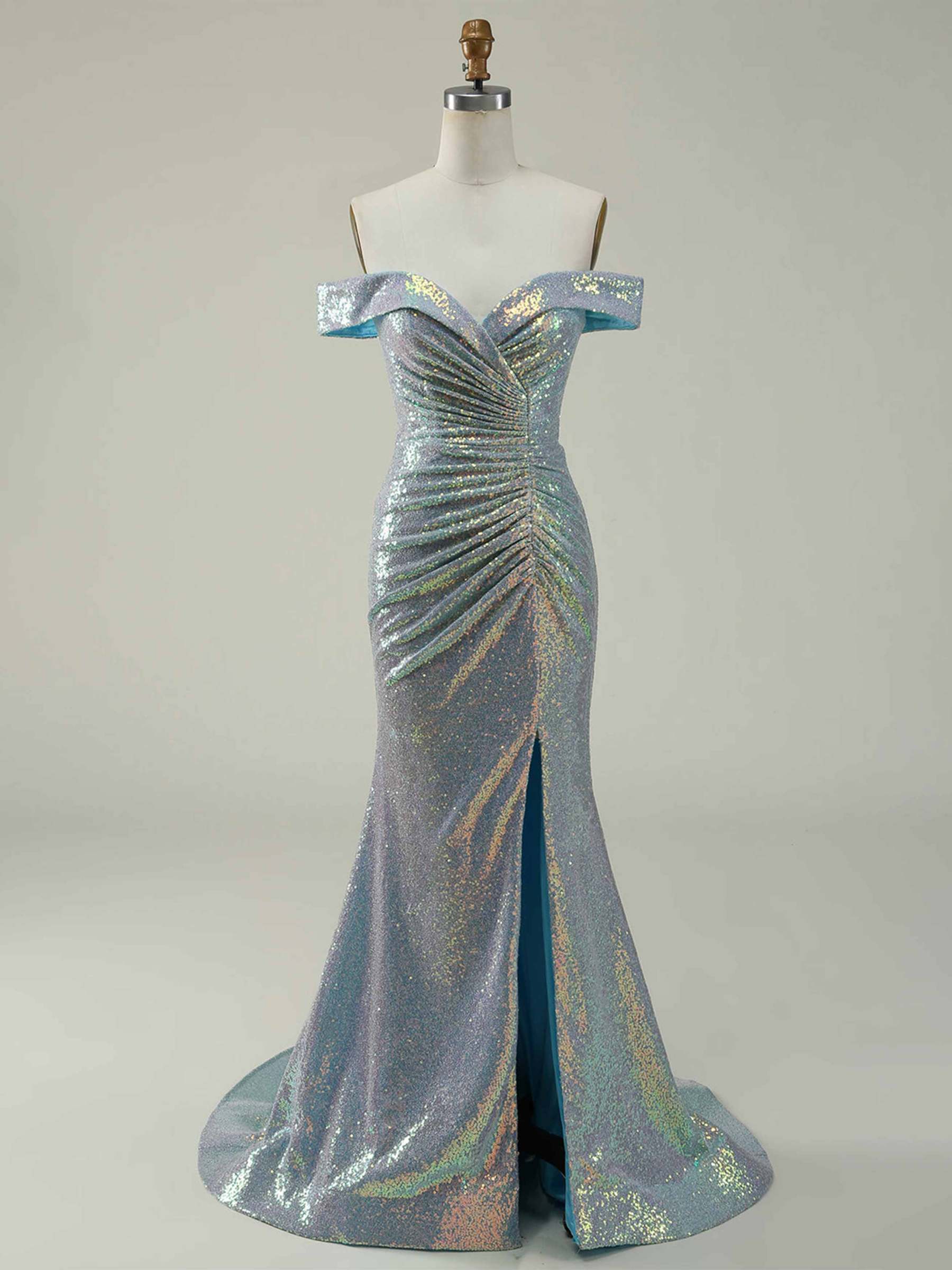 Off-the-Shoulder Sleeveless Mermaid/Trumpet Floor-Length Gown with Side Split Sequins and Ruffles-BMbridal
