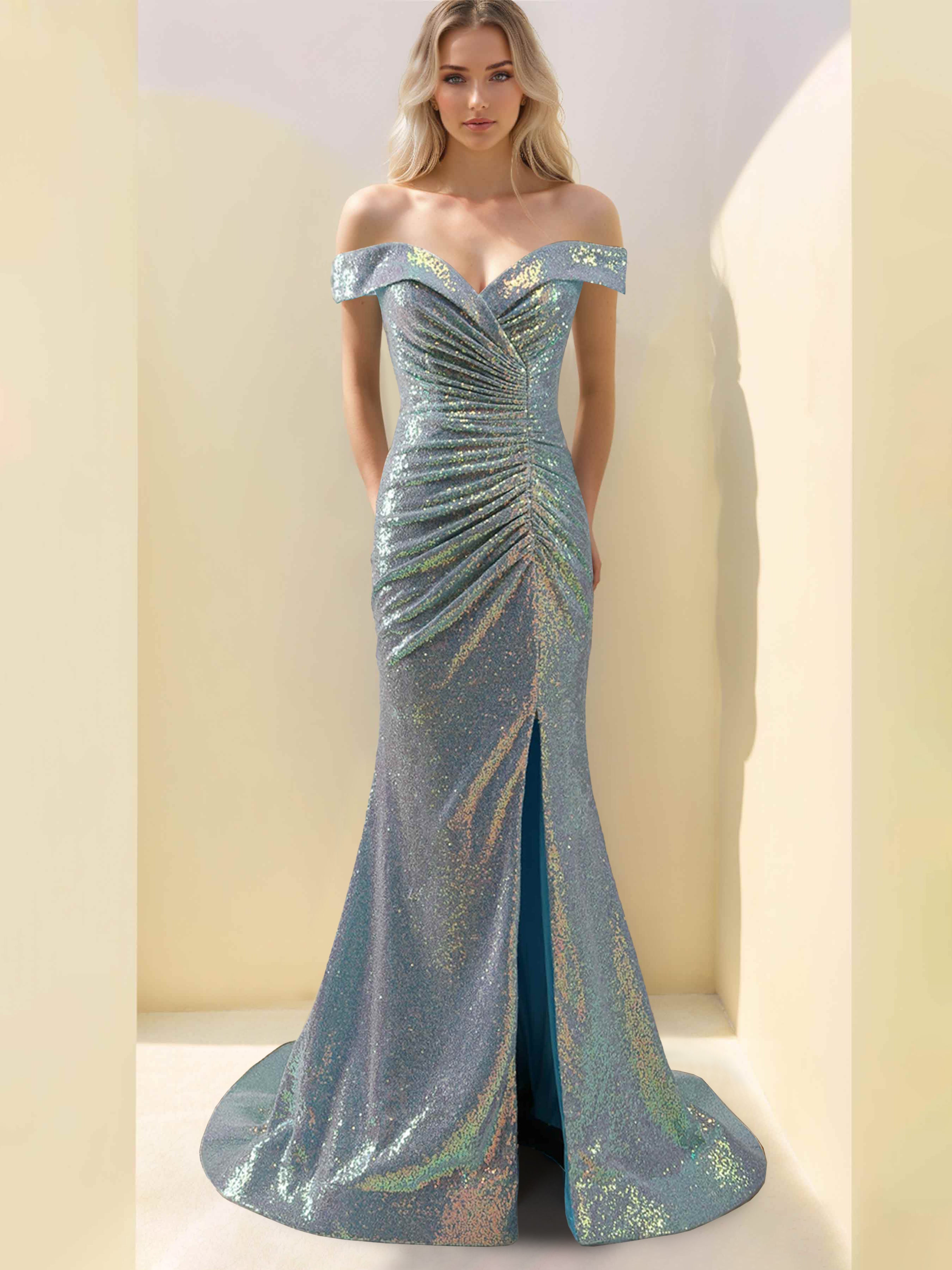 Off-the-Shoulder Sleeveless Mermaid/Trumpet Floor-Length Gown with Side Split Sequins and Ruffles-BMbridal