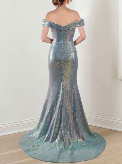 Off-the-Shoulder Sleeveless Mermaid/Trumpet Floor-Length Gown with Side Split Sequins and Ruffles-BMbridal