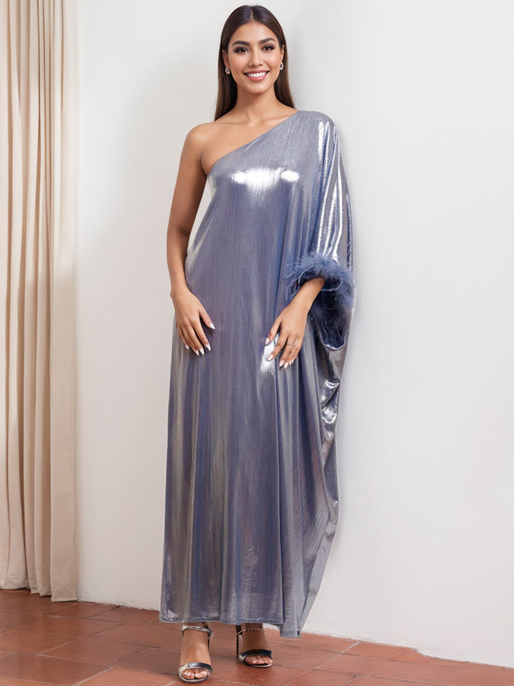 Sophisticated One-Shoulder Floor-Length Mother of the Bride & Groom Gown with Feather-BMbridal
