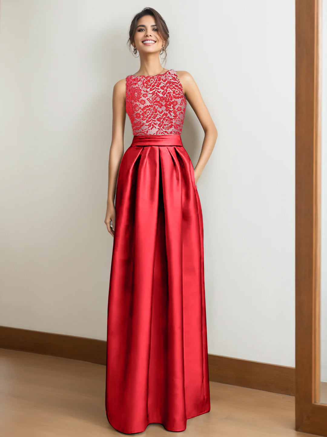 Princess A-Line Scoop Neck Sleeveless Pleated Mother of the Bride Dress with Lace Appliques-BMbridal