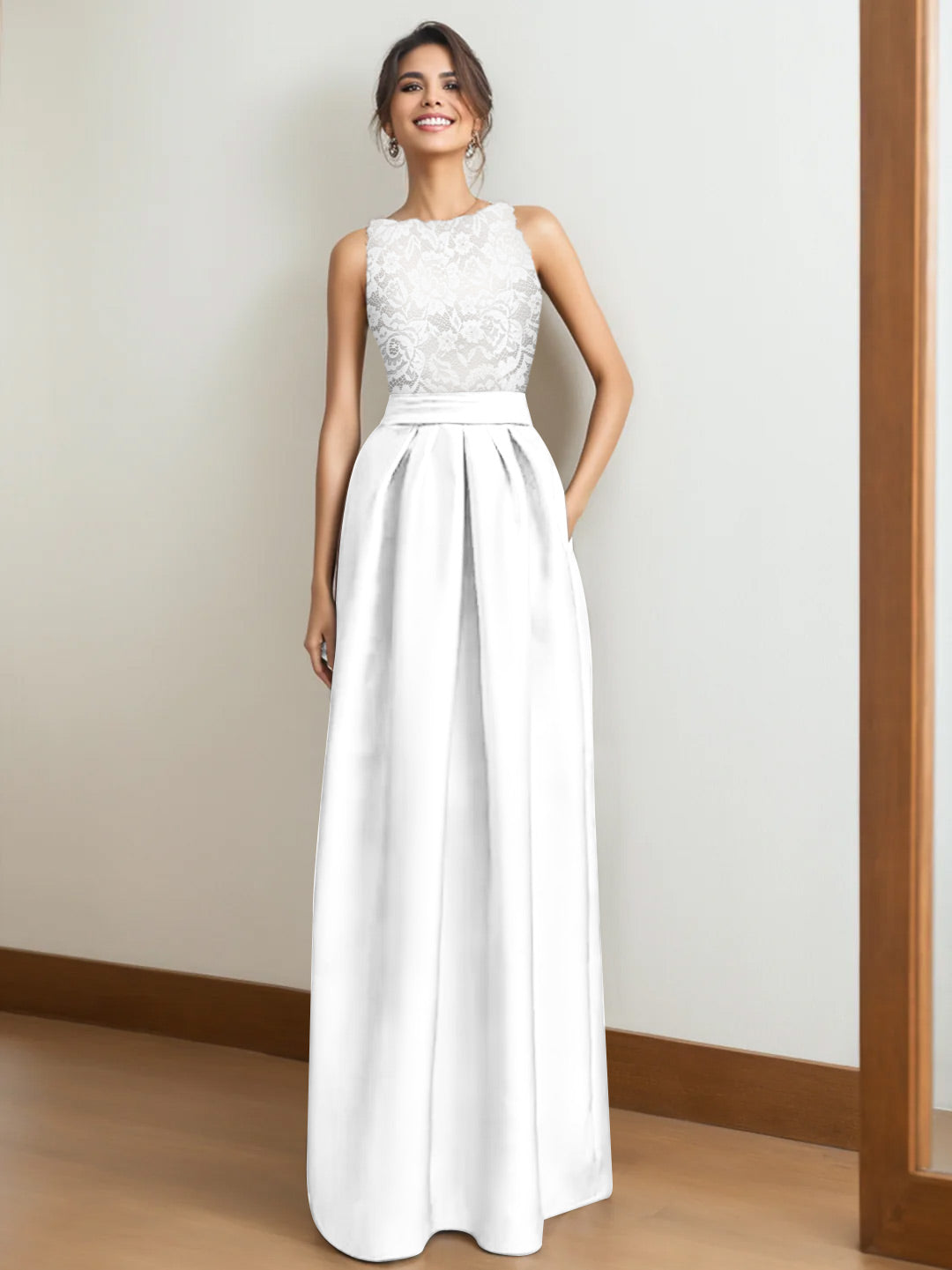 Princess A-Line Scoop Neck Sleeveless Pleated Mother of the Bride Dress with Lace Appliques-BMbridal