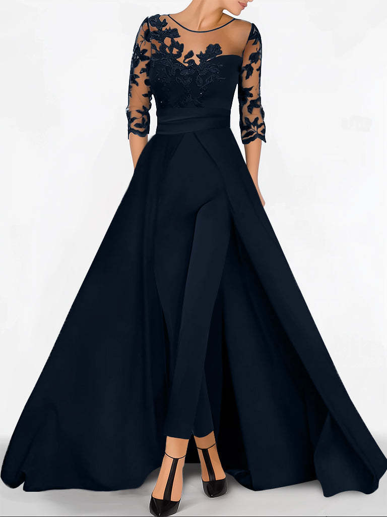 Sweetheart Princess A-Line Floor-Length Jumpsuit with 3/4 Sleeves and Applique for the Mother of the Bride
