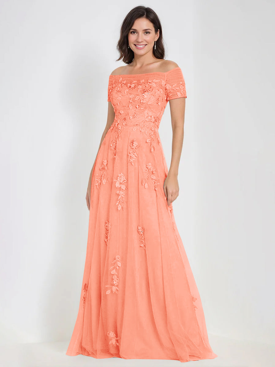 Sleeveless Off-the-Shoulder A-Line Dresses for Mother of the Bride & Groom with Appliques-BMbridal