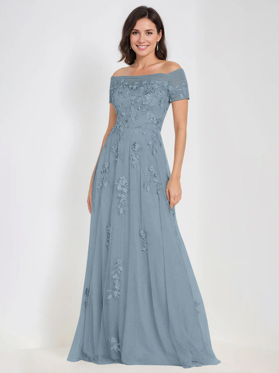 Sleeveless Off-the-Shoulder A-Line Dresses for Mother of the Bride & Groom with Appliques-BMbridal