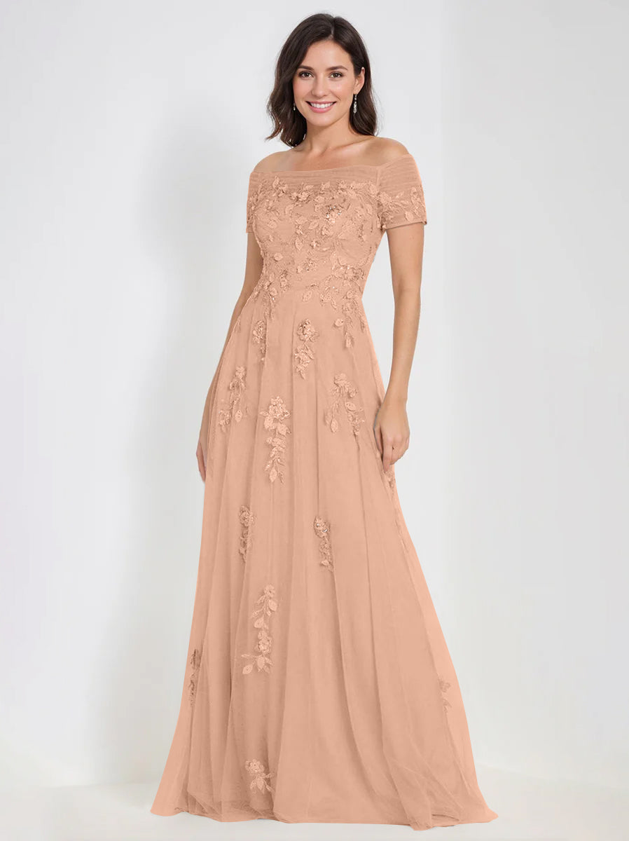 Sleeveless Off-the-Shoulder A-Line Dresses for Mother of the Bride & Groom with Appliques-BMbridal