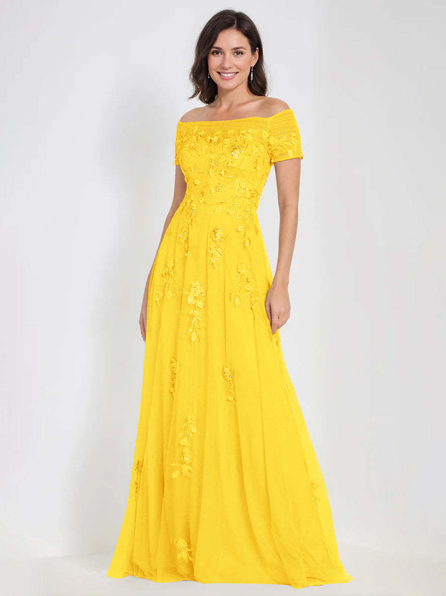Sleeveless Off-the-Shoulder A-Line Dresses for Mother of the Bride & Groom with Appliques-BMbridal