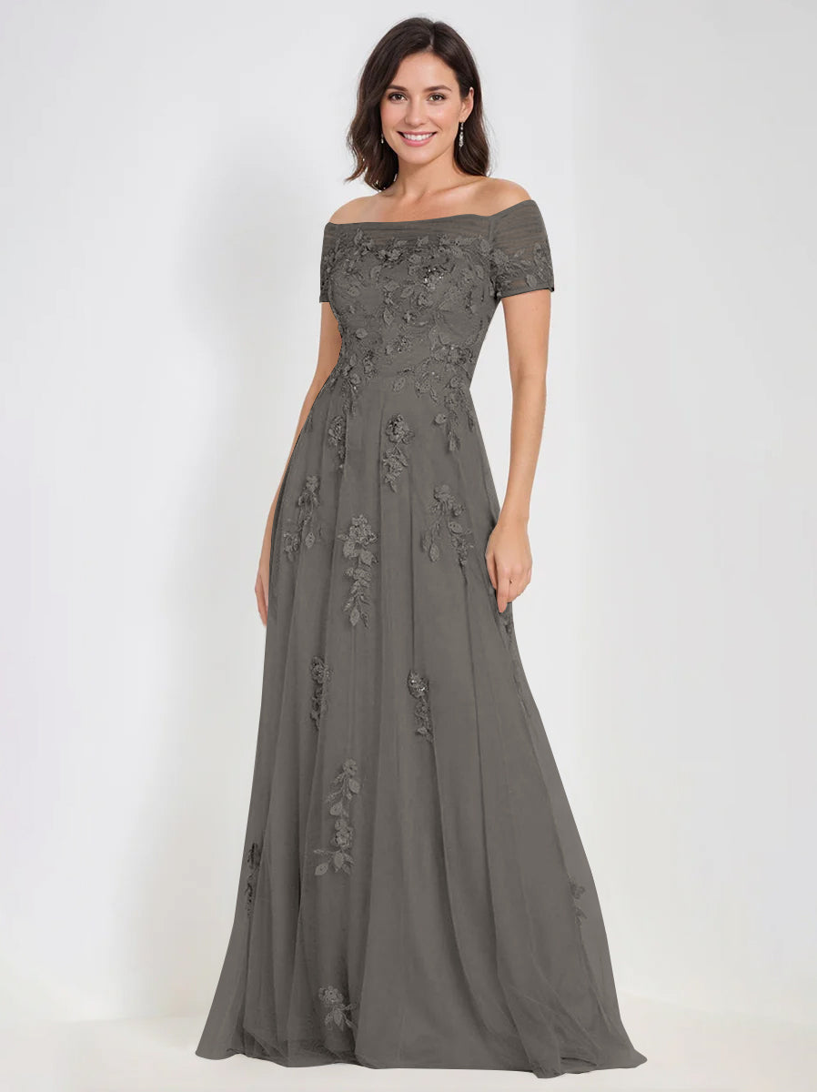 Sleeveless Off-the-Shoulder A-Line Dresses for Mother of the Bride & Groom with Appliques-BMbridal