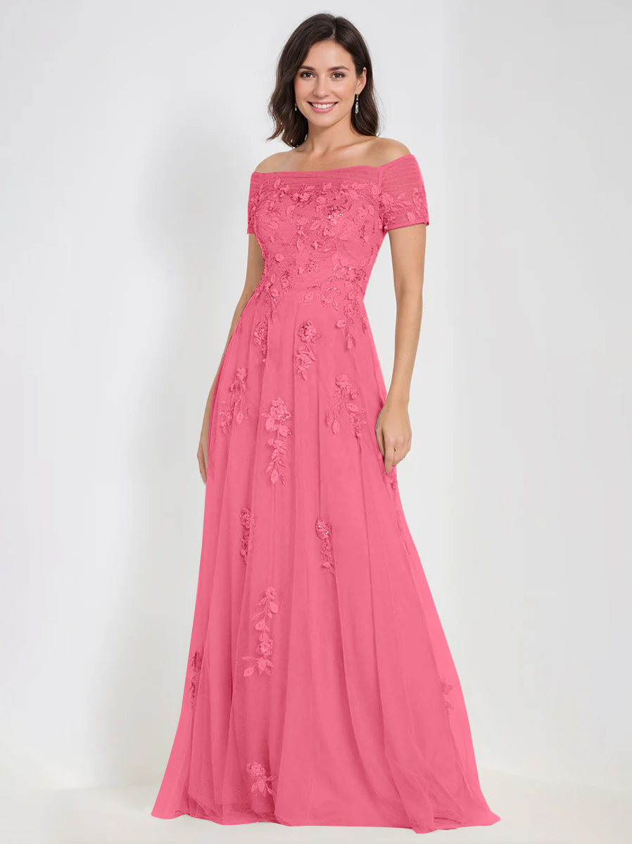 Sleeveless Off-the-Shoulder A-Line Dresses for Mother of the Bride & Groom with Appliques-BMbridal