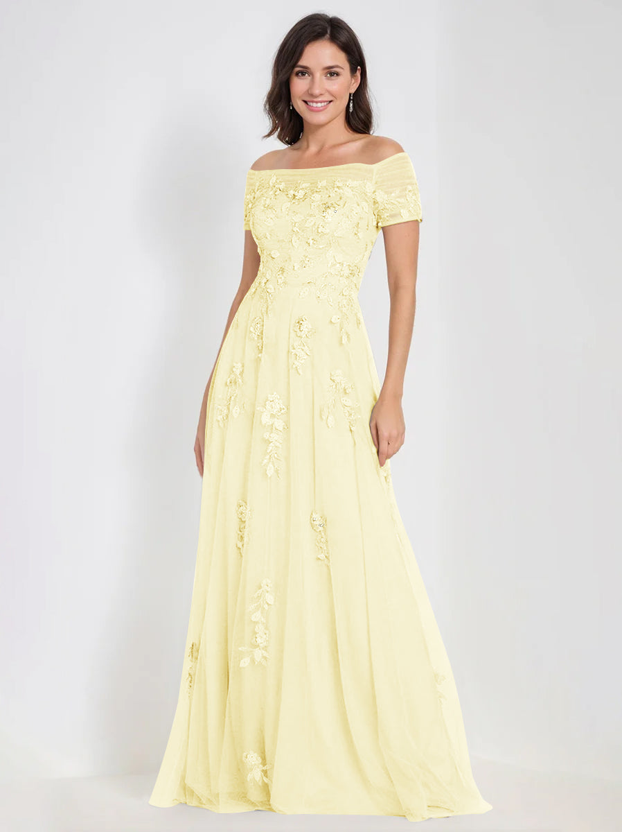 Sleeveless Off-the-Shoulder A-Line Dresses for Mother of the Bride & Groom with Appliques-BMbridal
