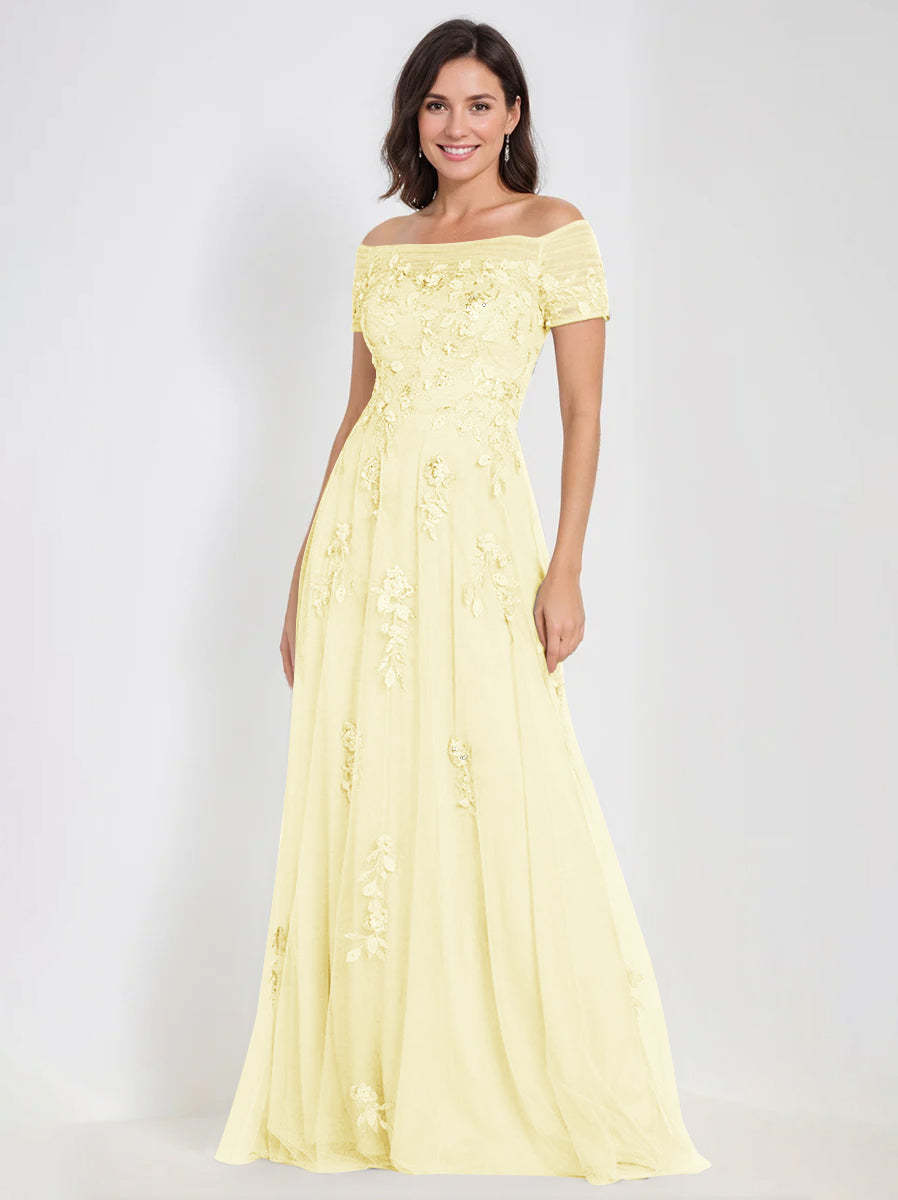 Sleeveless Off-the-Shoulder A-Line Dresses for Mother of the Bride & Groom with Appliques-BMbridal