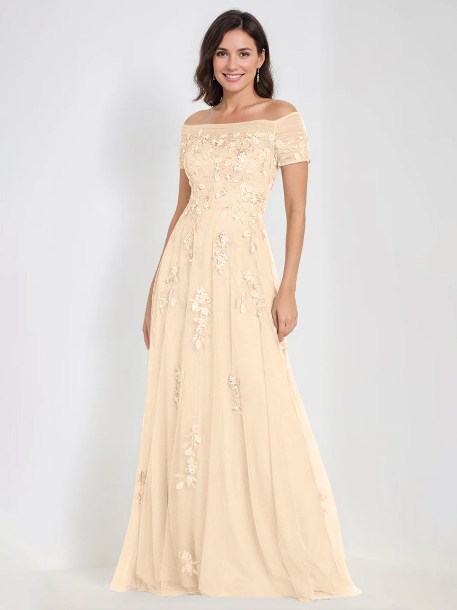 Sleeveless Off-the-Shoulder A-Line Dresses for Mother of the Bride & Groom with Appliques-BMbridal