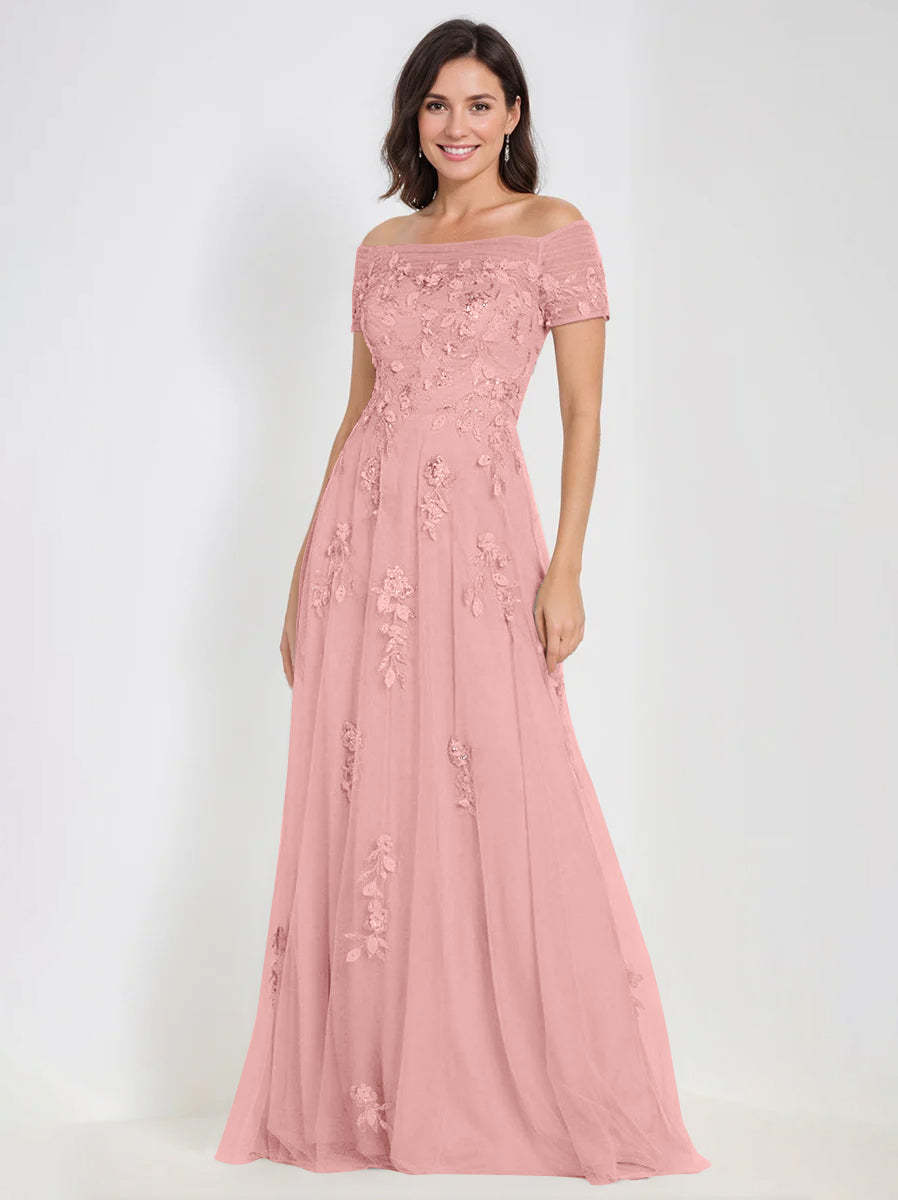 Sleeveless Off-the-Shoulder A-Line Dresses for Mother of the Bride & Groom with Appliques-BMbridal