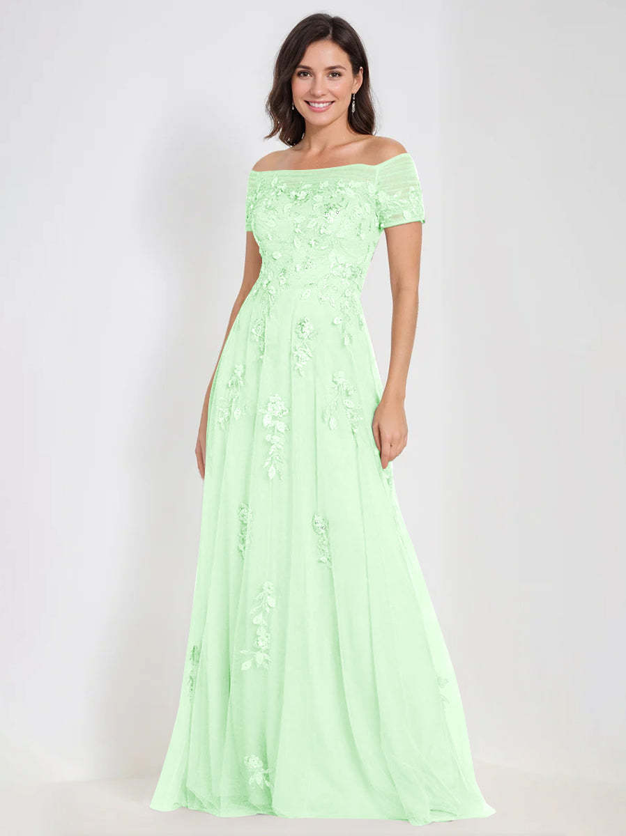 Sleeveless Off-the-Shoulder A-Line Dresses for Mother of the Bride & Groom with Appliques-BMbridal